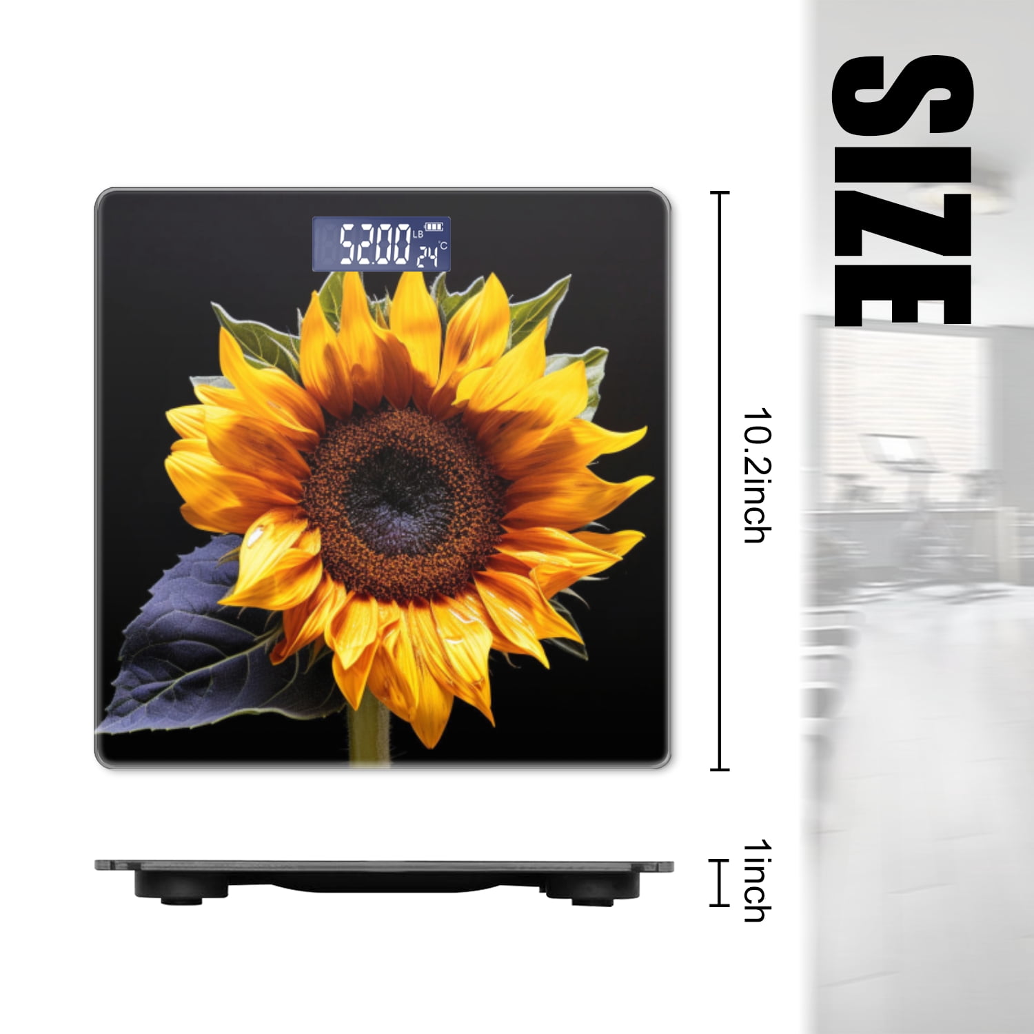 High Precision Body Weight Scale Smart Bathroom Scales with Large LCD Display(400lbs),Decorative for Bedroom-Sunflower Against Black Background