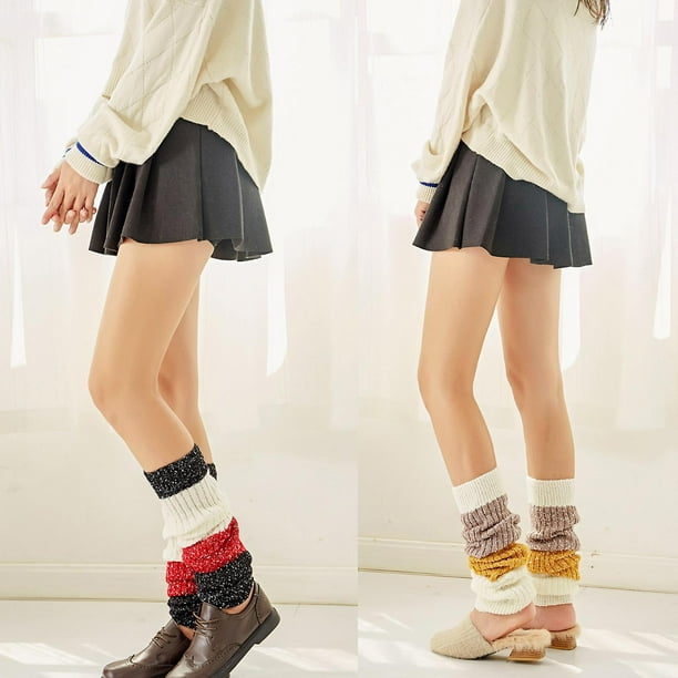 Calentadores de pierna largos de punto acanalado grueso para mujer, calcetines con cubierta de bota gruesa y bloques de colores, medias por encima de la rodilla para bailar