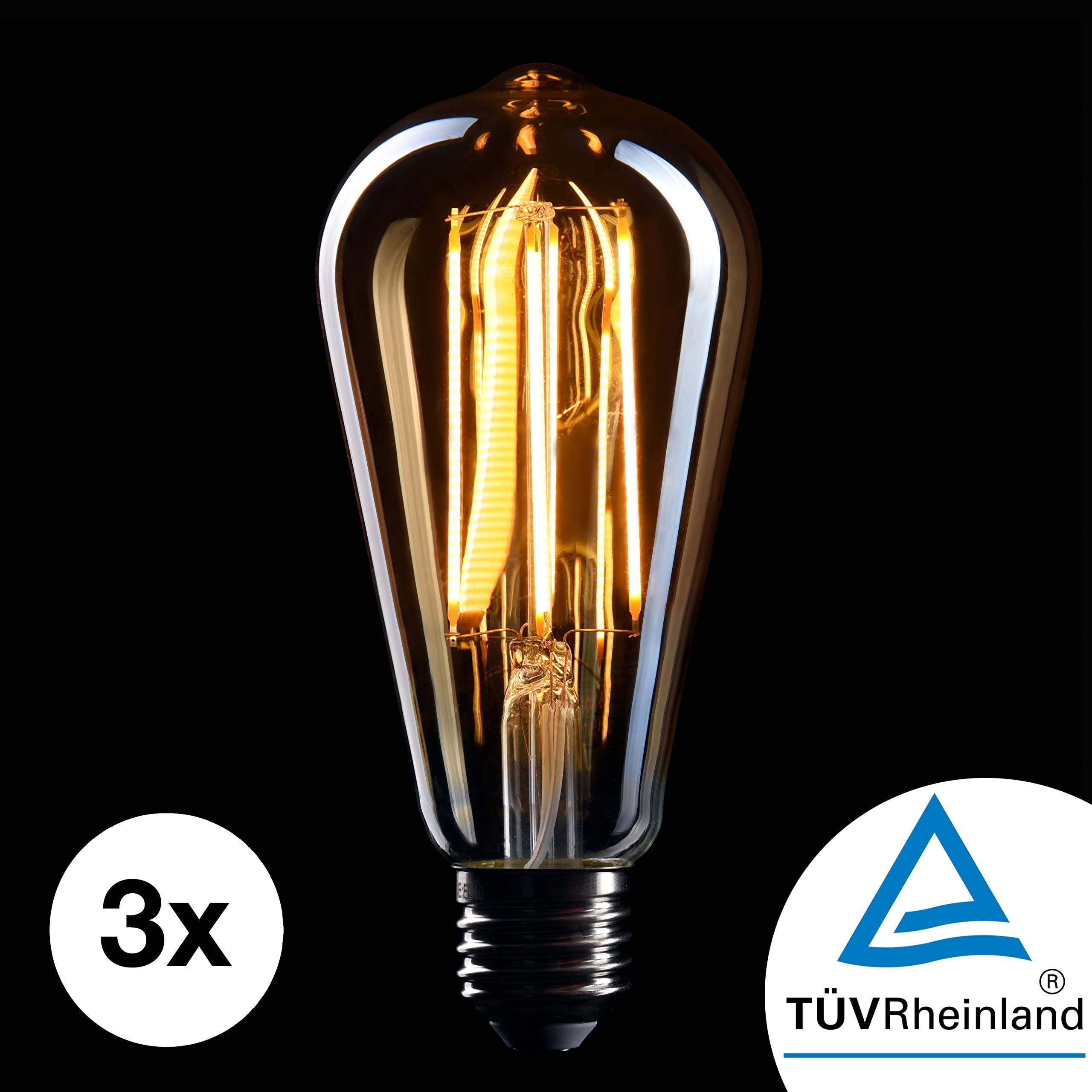 CROWN LED Warm White 3 Piece Pack of 3 Edison Bulbs, E26 Base, Dimmable, 40W Equivalent, 2000K Vintage Filament Lamps