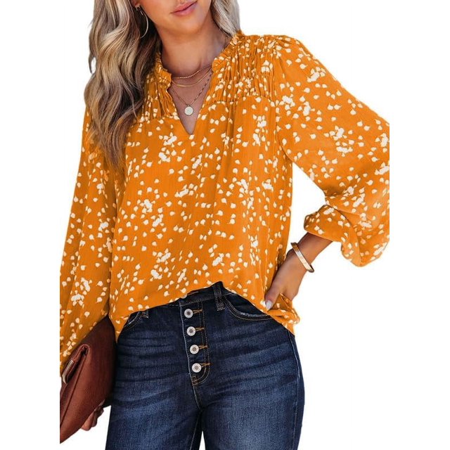 Blouse en Chiffon à Manches Longues Smockées à Imprimé Floral Col en V Décontractée pour Femmes, Style Bohème