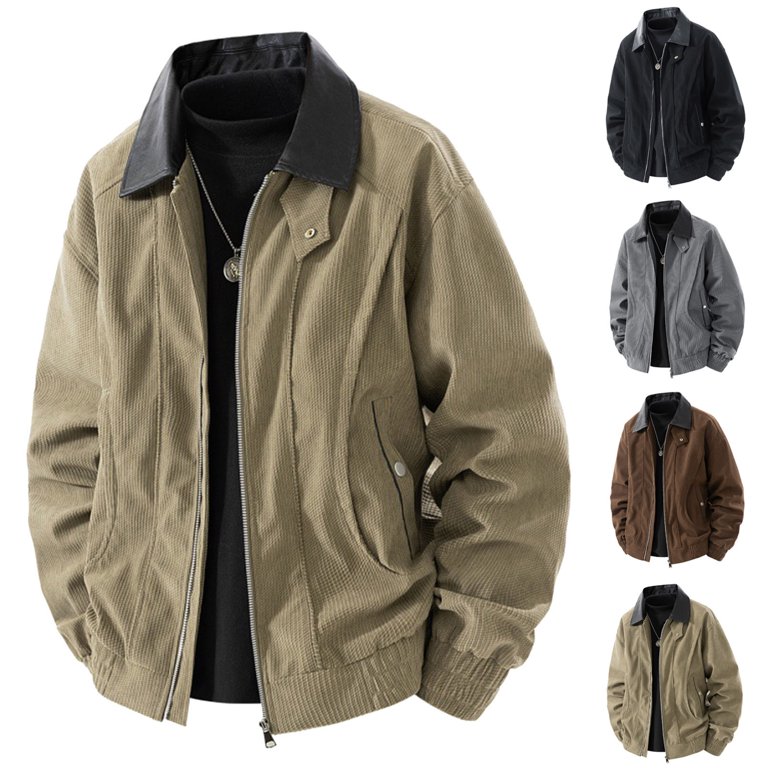 qucoqpe Men's Solid Color Leather Neck Work Jackets 2025 Fall