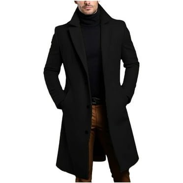 Mrmaere Men's Long Coat Wide-Lapel-Button Warm Stylish Outerwear for Formal & Daily Black L