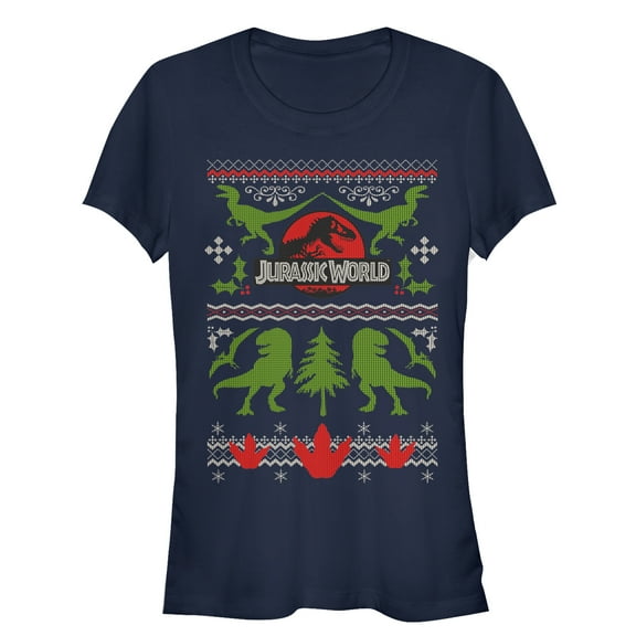 Junior's Jurassic World Ugly Christmas Print  Graphic Tee Navy Blue 2X Large