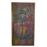 Mogul Vintage Krishna With Cow Hand carved Fluting Enjoying Melody Spiritual Coffee Table Top Barn Door Wall Hanging