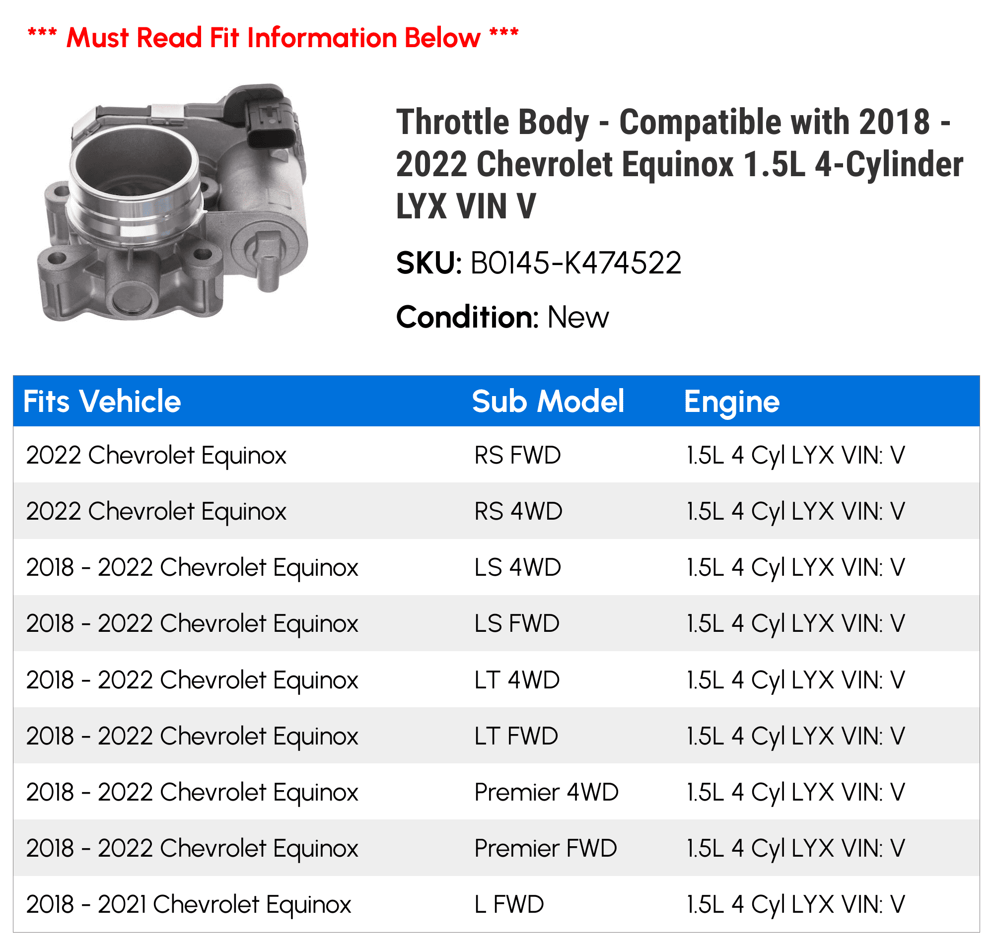 Throttle Body - Compatible with 2018 - 2022 Chevy Equinox 1.5L 4-Cylinder LYX VIN V 2019 2020 2021