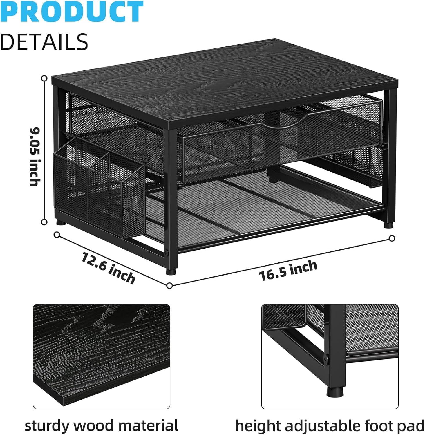 Wood Printer Stand for Desk, 2-Tier Desktop Printer Table for Home Office, Printer Stand with Storage Drawer 2 Pen Holders, Multi-Purpose Desk Organizer for Fax Machine Scanner (Wood Black)