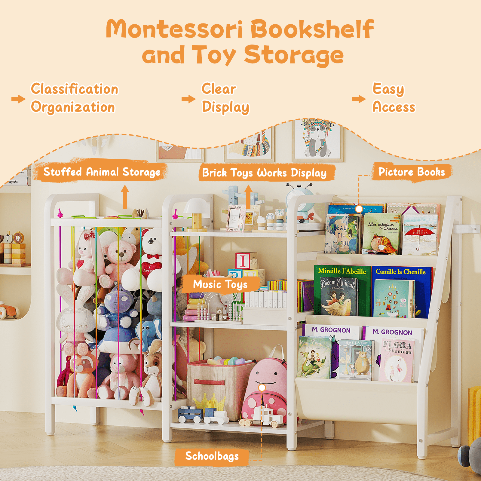 B1 Bookshelf and Toy Storage, 3-Tier Book Shelf for Rooms, Sling Baby Bookcase with Stuffed Animal Storage, Montessori Toddler Bookshelf for Nursery, Bedroom, Playroom Burlywood
