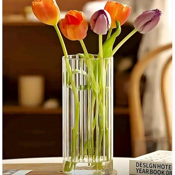 8 inch Clear Glass Flower Vases,Ribbed Vase for Centerpiece Table Home Indoor Desk Decor, Modern Boho Style Vase for Wedding House Gift