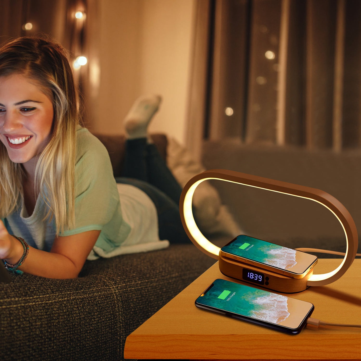 Moclever Bedside Table Lamp Wireless Charging LED Desk Lamp with Clock for Bedroom Office