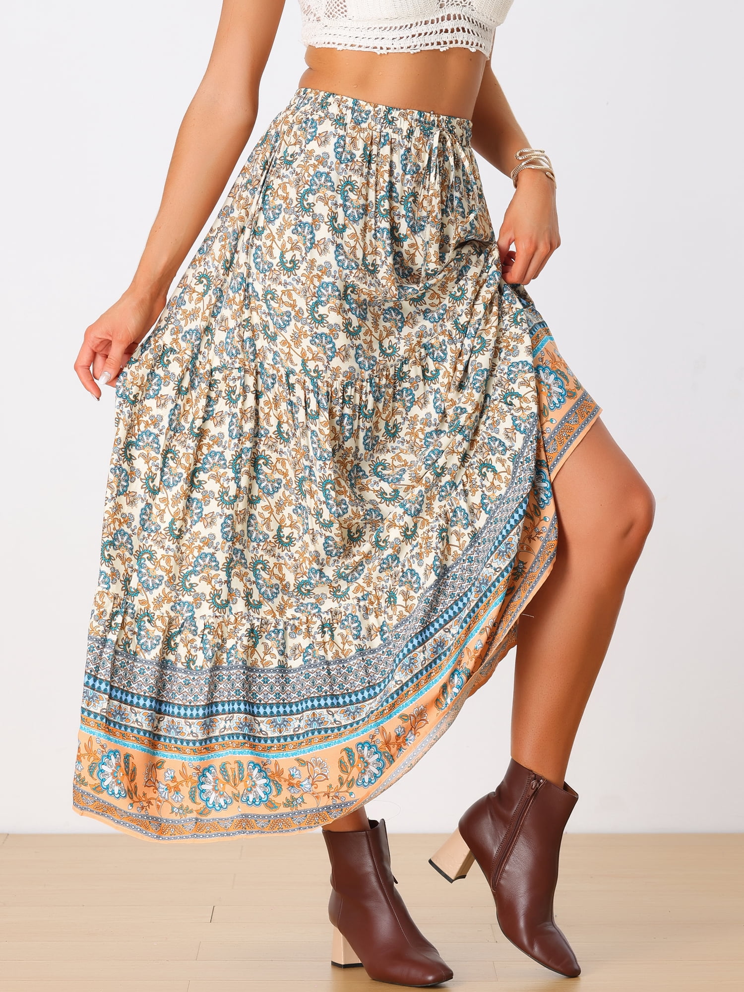 DARING DIVA Women's Boho Flare Floral Skirt XS Beige