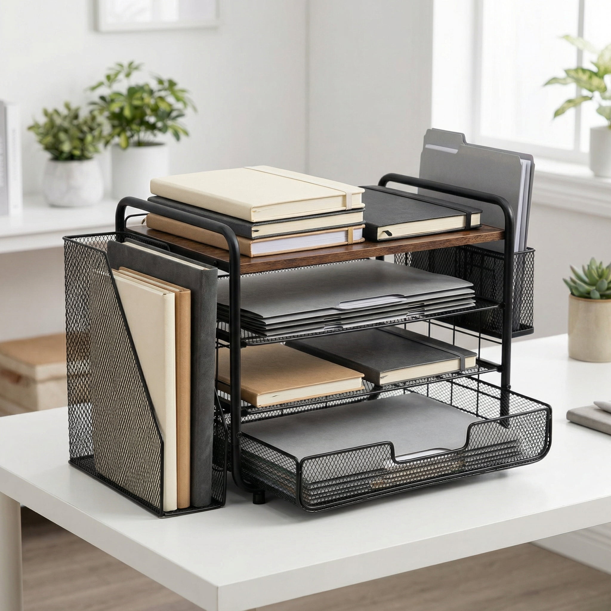 OUTMASTER  4-Tier Desk Organizer,Metal Desktop File Organizer with Drawer and Pen Holder,Office Supplies