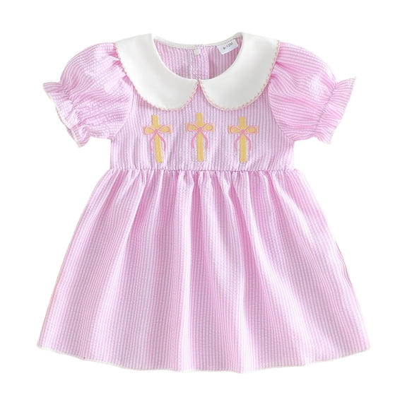YDFCWXW Toddler Baby Girl Easter Dresses Cross Embroidery Seersucker Striped Short Sleeve Dress Infant Spring Outfits (12-18 Months, Red)