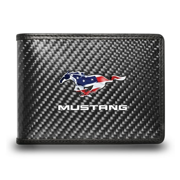 Ford Mustang USA Flag Black Real Carbon Fiber Leather RFID Block Bi-fold Wallet