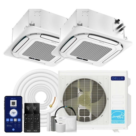 DELLA 27,000 BTU 2 Zone (9K 12K) Ceiling Cassette Mini Split AC, Ultra Heat -13℉, 360° Airflow, Covers 950 Sq.Ft, Energy Star, 24 SEER2, 208-230V, Work with Alexa, Pre-Charged Heat Pump, 25ft Kit