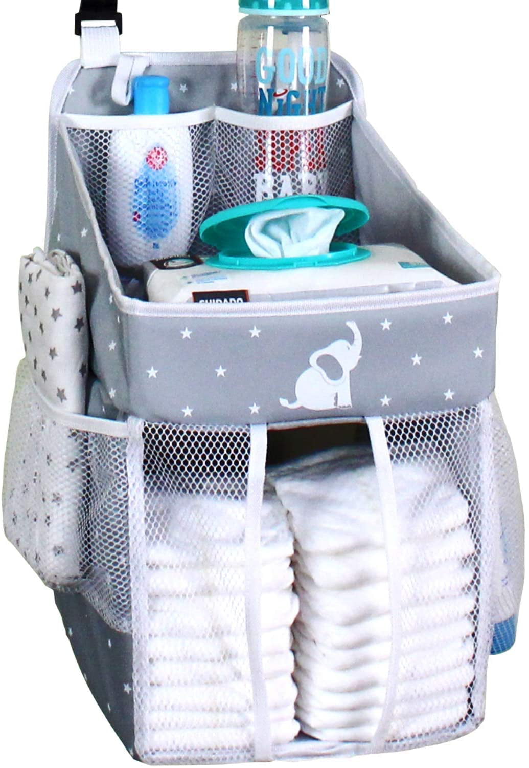 Hanging Diaper Caddy - Baby Diaper Organizer for Changing Table - Diaper Stacker for Crib, Playard or Wall - Newborn Boy and Girl Diaper Holder - Baby Shower Gifts - Elephant Gray - 17x9x9 inches