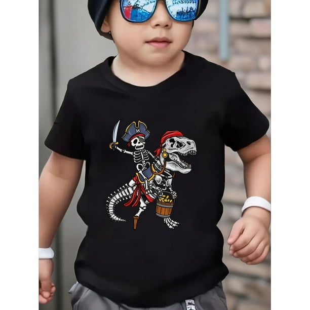 Halloween T-shirt -Whimsical Pirate - Outfitted Skeleton Riding Skeleton T - Rex, Bold Halloween - Themed Graphic Boys' T - Shirt