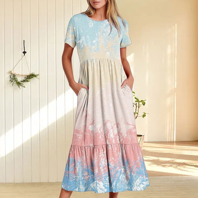 Puntoco Vestido Midi De Moda Para Mujer Vestido Con Cuello Redondo Y Manga Corta Con Dos Bolsillos En Capas Con Estampado Degradado Tie Dye Beige Xxl,Regalos Para Mujer Joven