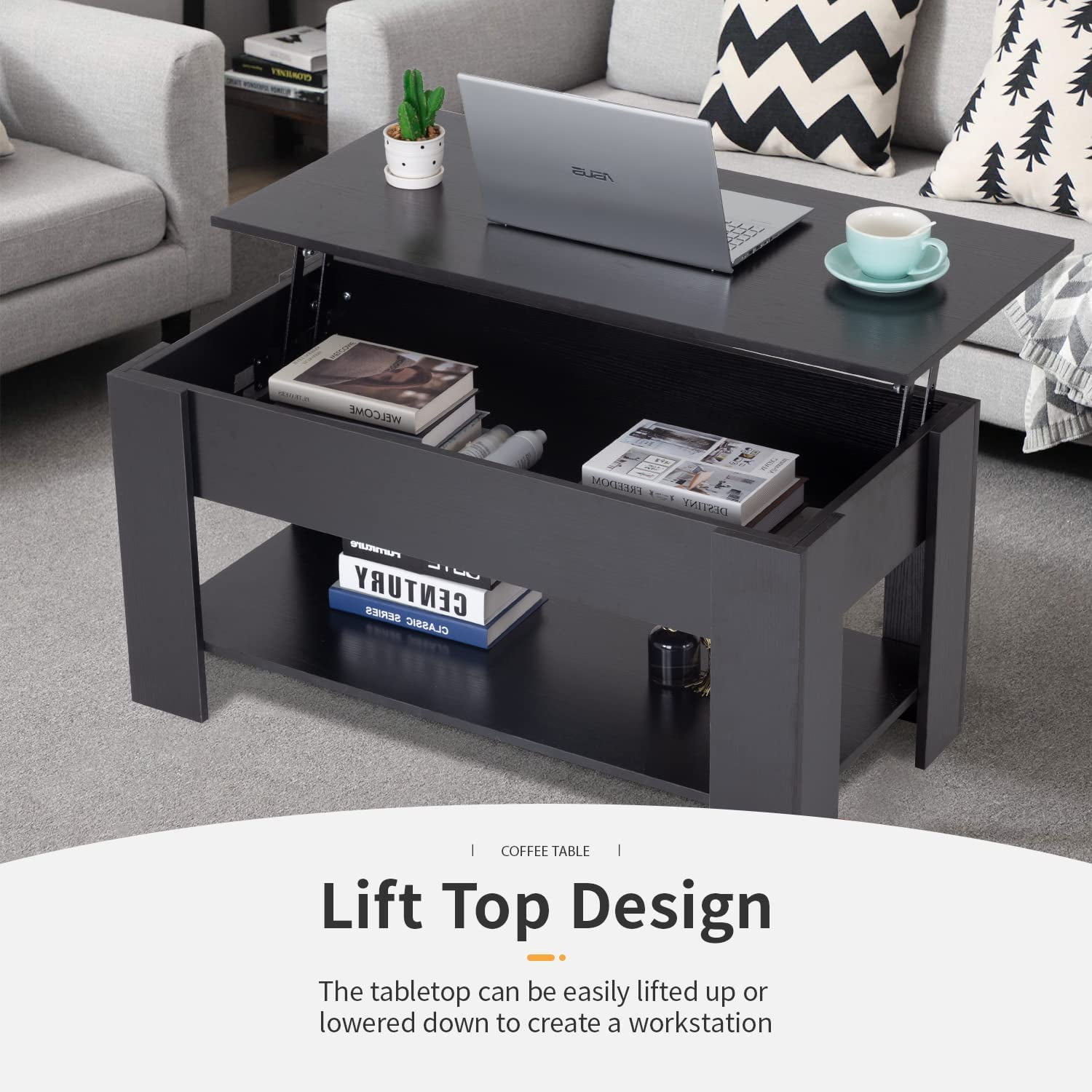 FDW Modern Lift Top Storage Wood Coffee Table, Black
