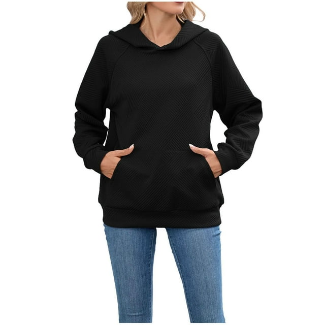 LMKIHUSA Chandail à Capuchon Sherpa pour Femmes, Chandail Décontracté d'Automne et d'Hiver, Chandails Raglan à Manches Longues, Col Ras du Cou, Hauts Unis, Poches d'Entraînement, Chandails à Capuchon Noir, TG
