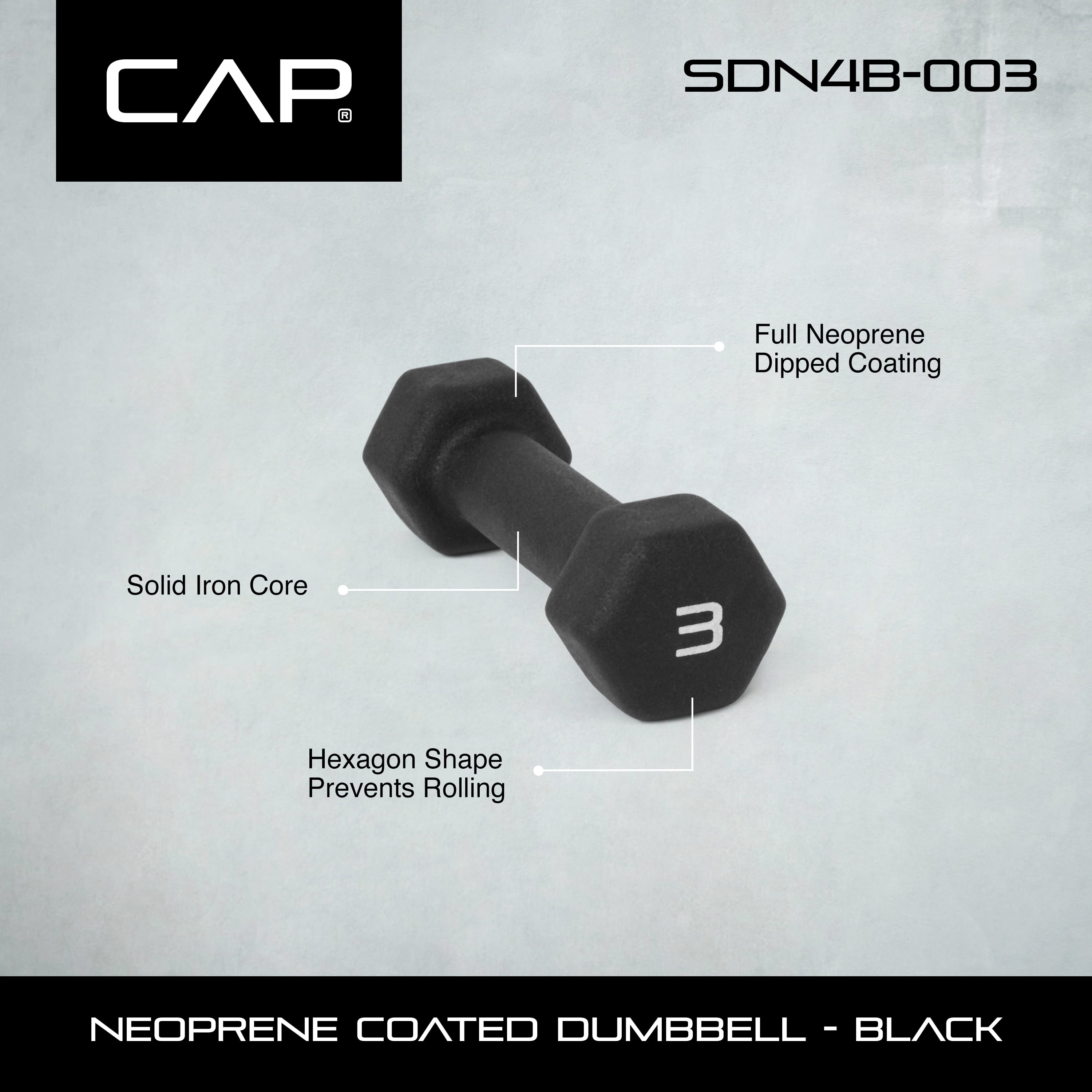CAP Barbell, 3lb Black Neoprene Dumbbell, Single
