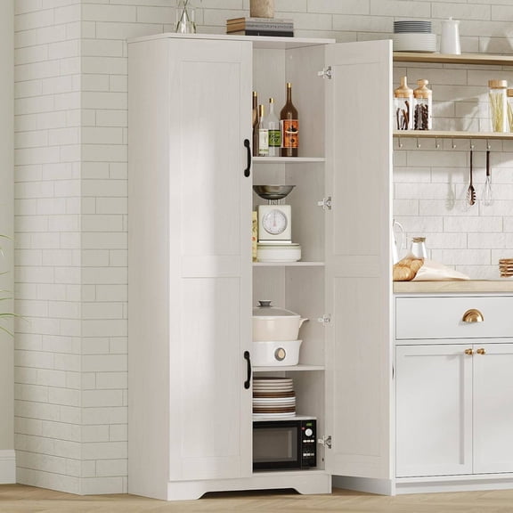 Tall Pantry Cabinet, 60" Freestanding Kitchen Storage Cabinet with 2 Doors and Adjustable Shelves, White
