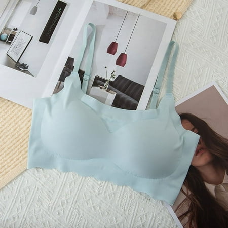 Japan seamless underwear women gather sports shockproof sleep camisole ice silk bra sky blue