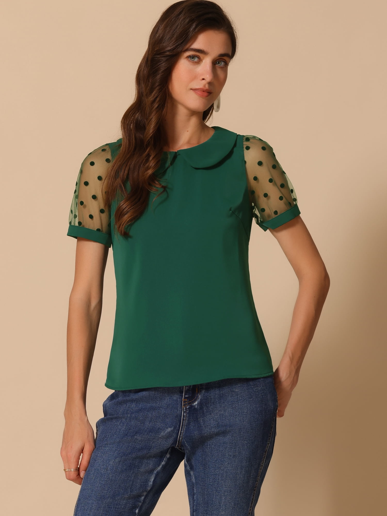 DARING DIVA Women's Polka Dots Mesh Peter Pan Collar Blouse XL Dark Green