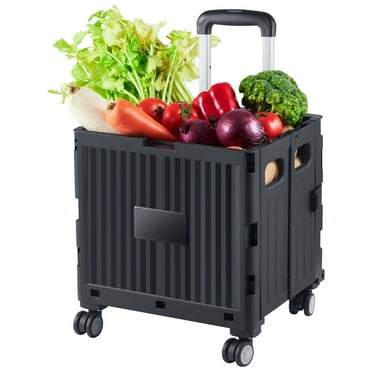 KFFKFF Collapsible Service Trolley, Supports up to 110 lbs, Portable Hand Truck with Robust Extendable Handle and 4 Swiveling Casters, Ideal for Travel, Shopping, Transporting Goods, Black
