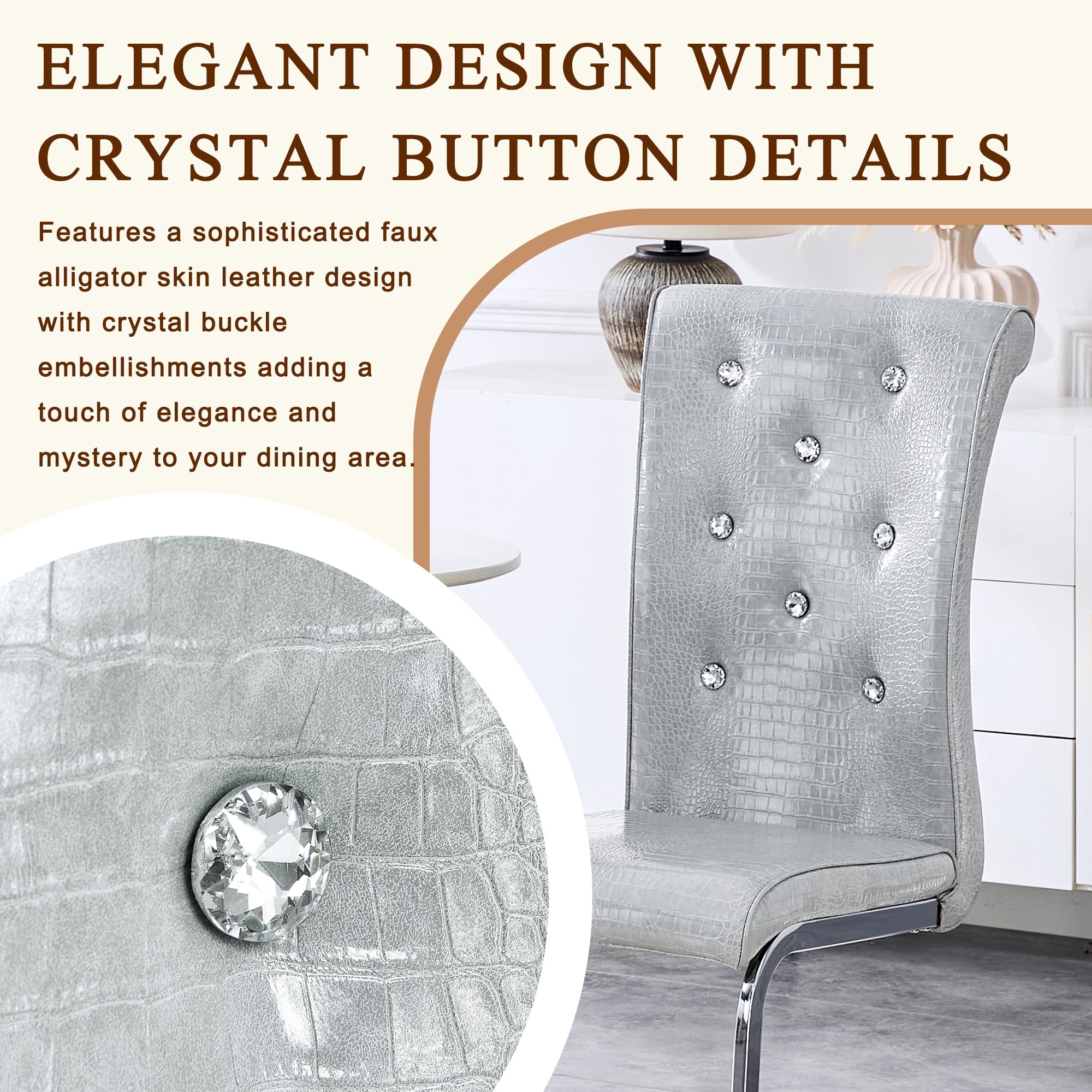 Aukfa Modern Dining Chairs Set of 2 , 400 lbs Heavy-Duty Faux Alligator Leather Kitchen Chairs with Crystal Button Tufted High Back,Gray