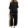thumbnail image 1 of Cuhas.CA Ensembles d'Été pour Femmes Femmes Col Ras du Cou Couleur Unie Décontracté Coton Lin Haut à Manches 3/4 et Ensemble Pantalon Survêtement pour Femmes, TG, 1 of 8