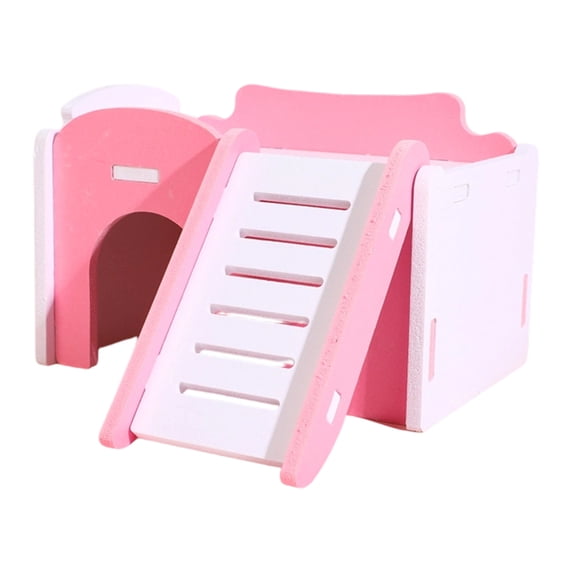 Hamster Hideout House, Wooden Sleeping Hut Fence Style Solid Wood Landscape Decor Gerbil Mouse Small Animal Cozy Nest Habitat Accessory Cage Furniture Activity Place Pink-2