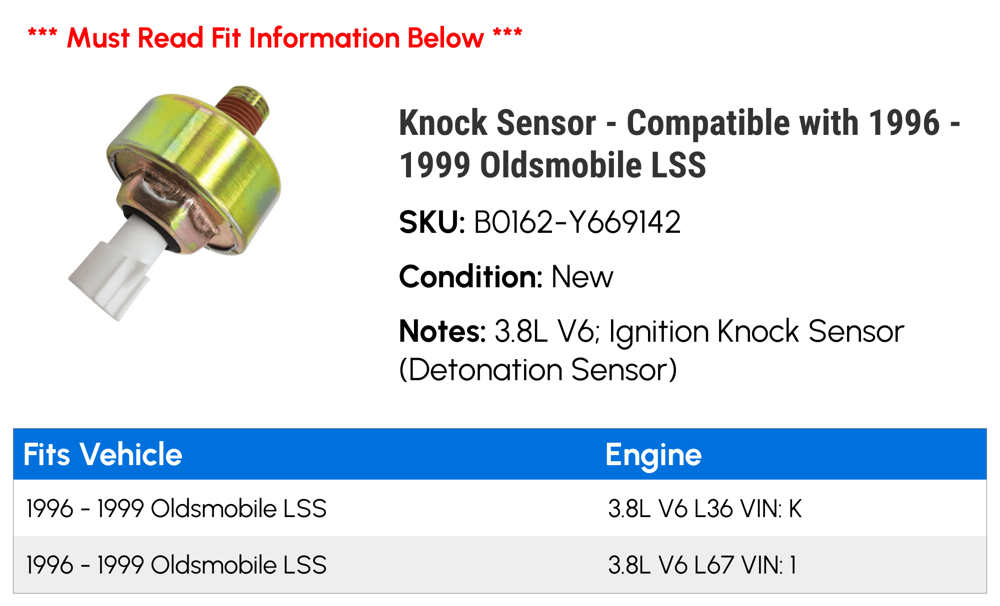 Knock Sensor - Compatible with 1996 - 1999 Oldsmobile LSS 1997 1998