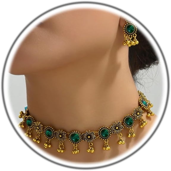 DESIGNICE Boho Indian Jewelry Set for Women, Vintage Ethnic Flower Beaded Necklace & Earrings, Traditional Costume Accessories