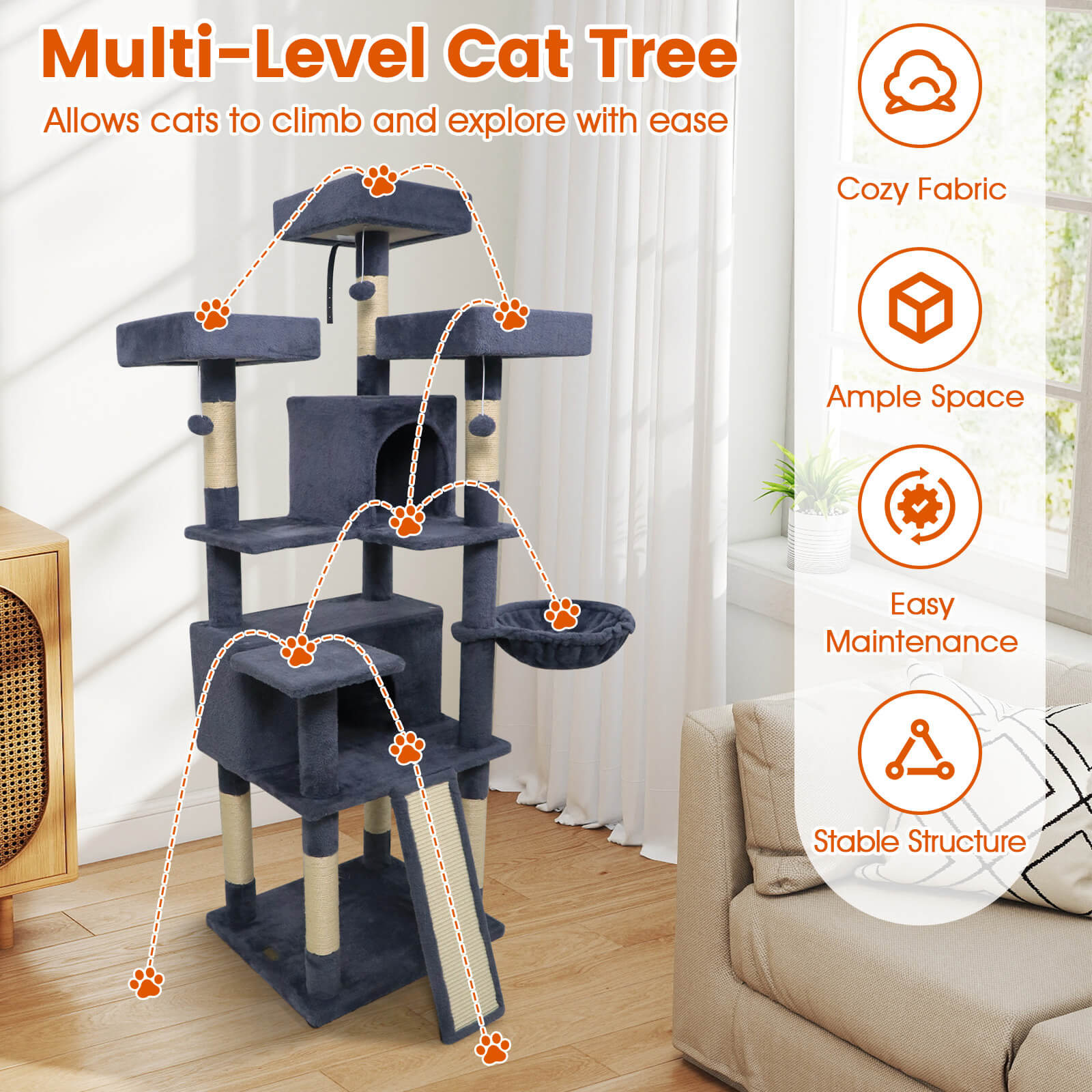 Costway 65” Tall Multi-level Cat Tree with 3 Upholstered Top Perch 2 Cat Condos Cat Basket Dark Gray
