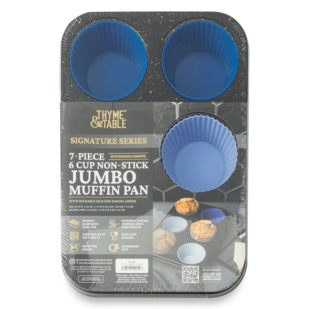 Thyme & Table 6 Cup Non-Stick Jumbo Muffin Pan, 6 Silicone Liners - Black