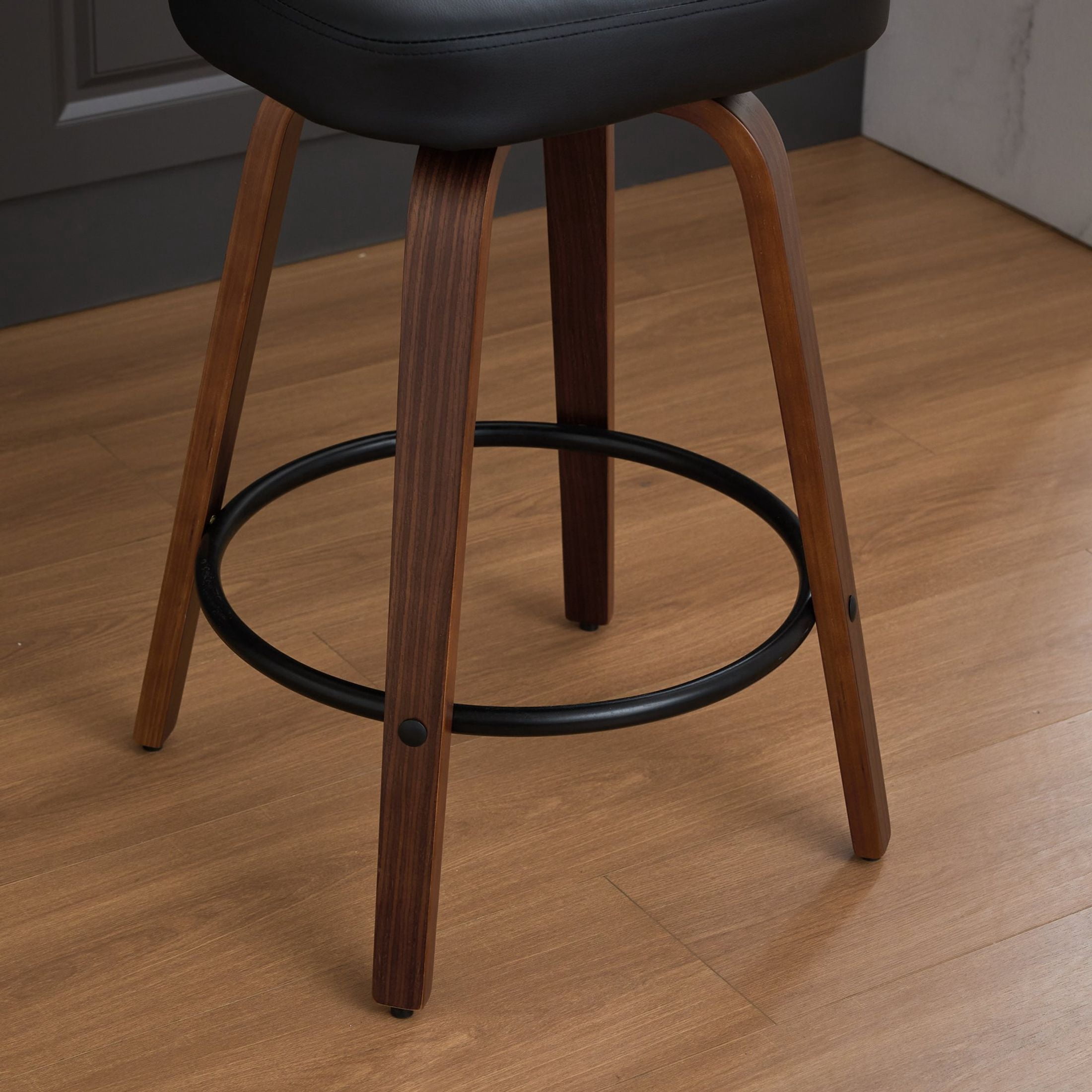 Noble House Set of 2 Swivel Bar Stools, Faux Leather Seat, Bentwood Frame, Walnut + Black