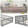thumbnail image 4 of Twin Size Floor Bed, Solid Pine Wood Platform Bed Frame with Fence Guardrails & Door & Slats System, Multifunctional Floor Playpen Bed, Gray, 4 of 8