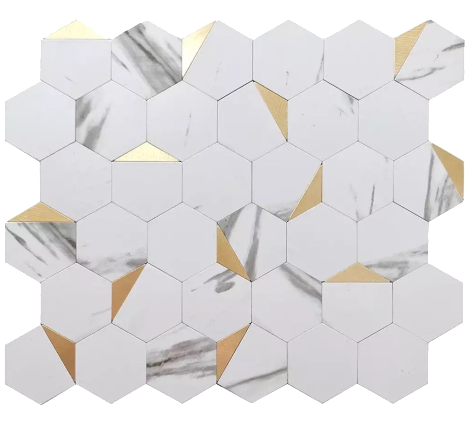 10 pack Hexagon White and Gold 11.6 in.x11.5 in. Metal Peel and Stick Backsplash Tile for Kitchen and Bathroom (8.3 sq ft/Case)