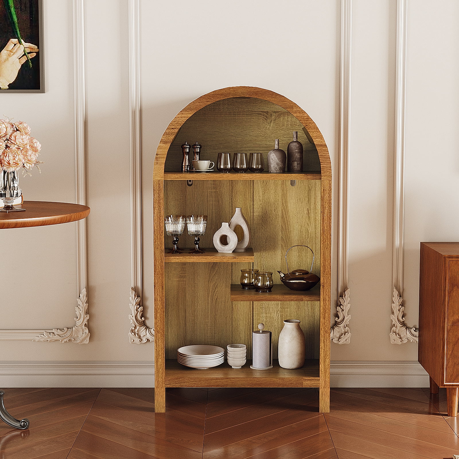 4-Tier Arched Top Freestanding Shelf, Asymmetrical Open Storage Cabinet, Wood Display Shelf for Entryway, Living Room, Bedroom, Hallway