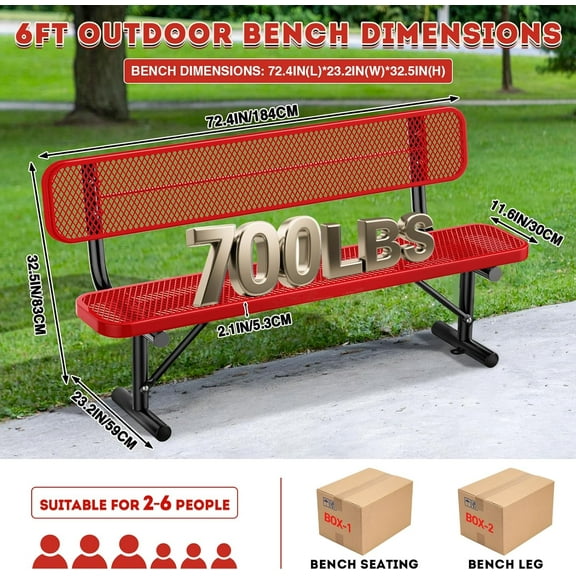 Esheno Park Bench Cast Iron Frame Expanded Metal W Backrest for Outdoor Lawn Patio Red 72in