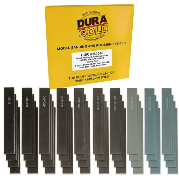 Dura-Gold Sanding Sticks and Polishing Sticks for Plastic Models, Pack of 40 - 4 Each of 10 Grits, Coarse 80 to Super-Fine 7000 Grit, Classic Style - Wood, Metal, Auto Detailing, Hobby Sandpaper