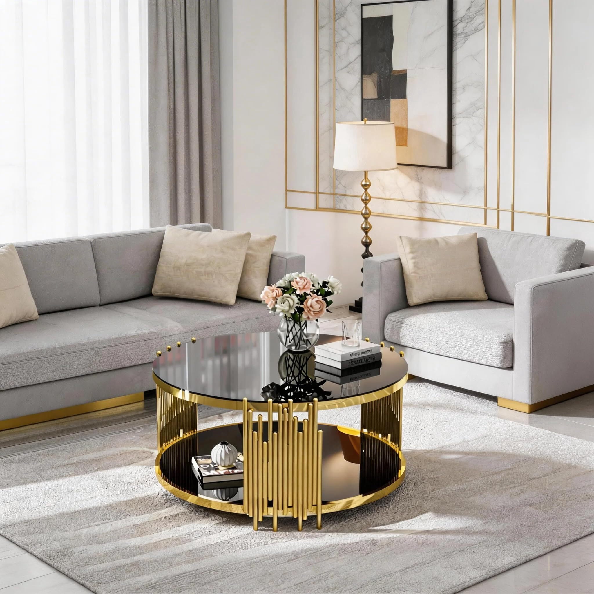 Shikeyi Modern Luxury 31.5" Round Gold Stainless Steel Coffee Table with 2-Tier Black Mirrored Tempered Glass Top, Decorative Center Accent Table for Living Room, Apartment & Home Office