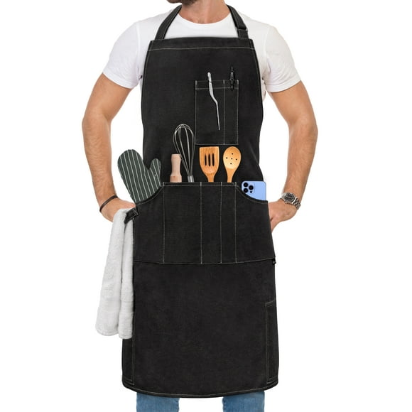 OPUX Chef Apron for Men, Kitchen Apron with Pockets for Women, Large Unisex Canvas Apron for Cooking Grilling BBQ Baking, Heavy Duty Apron for Work, Black