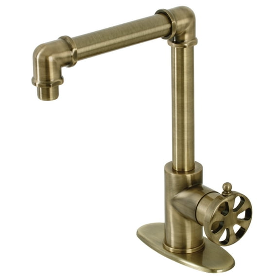 Kingston Brass KSD144RXAB Belknap One-Handle Single-Hole Bathroom Faucet with Deck Plate and Push Pop-Up Drain, Antique Brass