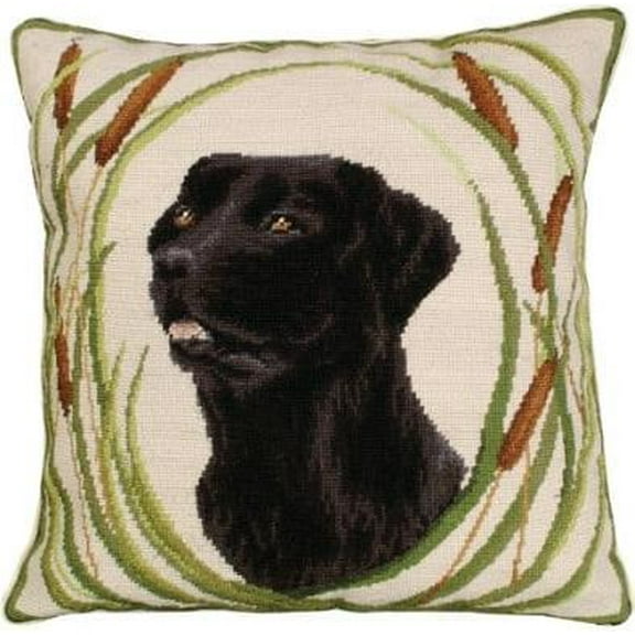 Throw Pillow Needlepoint Black Lab Dog 18x18 Green Wool Cotton Velvet Back
