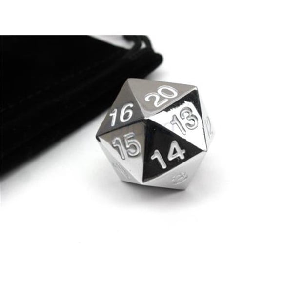 22 mm Zinc Metal Alloy Countdown D20 Dice with Black Bag- Silver & White Numbers
