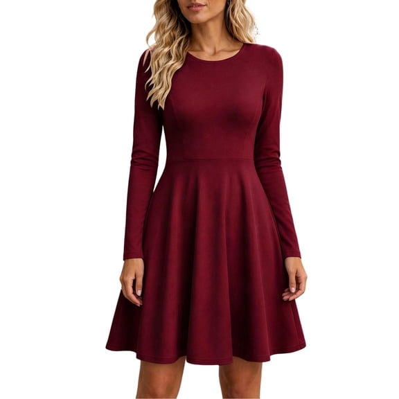 ZHYou Women Long Sleeves A-Line Mini Dresses Crew Neck Flowy High Waist Flare Swing Dresses for Big Women,Wine,Size M