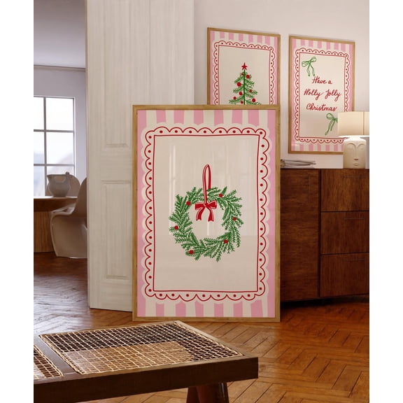 DIANANA Preppy Christmas Wall Art Pink Girly Christmas Wreath Print Trendy Holiday Wall Art Cute Christmas Decor Print Digital Art Download