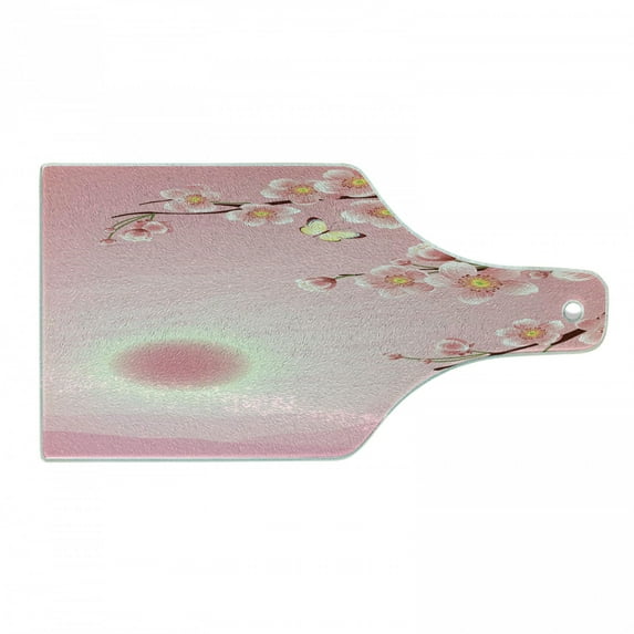 East Cutting Board, Cherry Blossom Tree with Sun Scenery on Backside Spring Days Butterfly Nature Print, Tempered Glass Cutting and Serving Board, Wine Bottle Shape, Pink Yellow, by Ambesonne