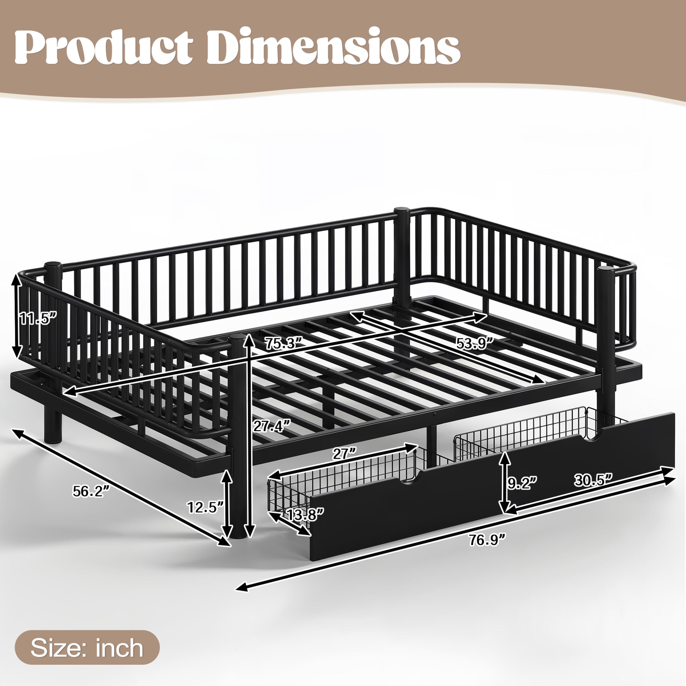 Noble House Full Size Platform Bed with Storage Drawers, Daybed Frame with Round-Pipe Design, Black